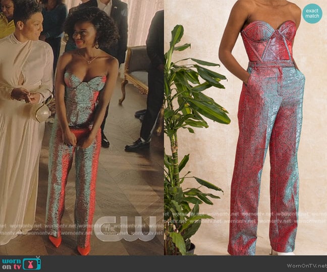 Cherry Glaze Metallic Corset Top and Pants by Kai Collective worn by Zenzi Fullington (Ashleigh Murray) on Tom Swift