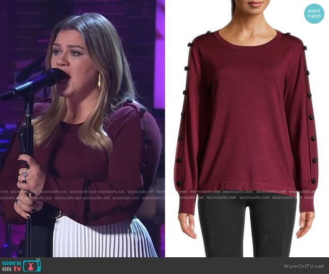 Button-Sleeve Sweater by Karl Lagerfeld Paris worn by Kelly Clarkson  on The Kelly Clarkson Show