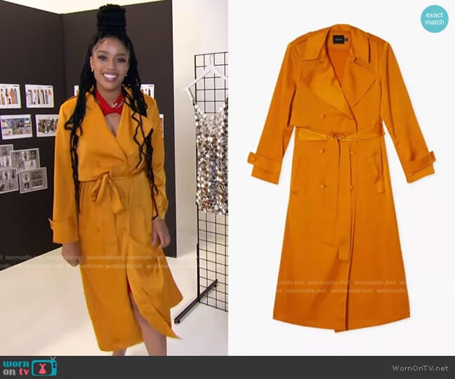 Satin Trench Coat by Megan Fox x Boohoo worn by Francesca Amiker on E! News Daily Pop