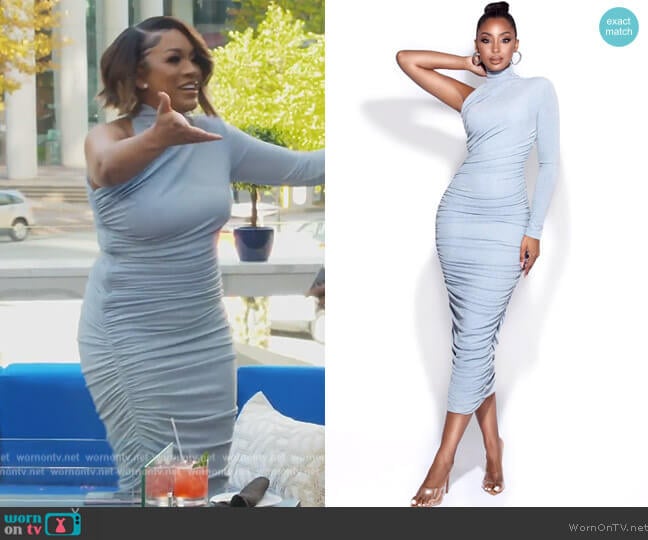Peyton Blue One Sleeve Ruched Pencil Dress by Miss Circle worn by Drew Sidora  on The Real Housewives of Atlanta