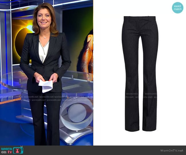 Narrow Bootcut Pinstripe Trousers by Alexander McQueen worn by Norah O'Donnell on CBS Evening News