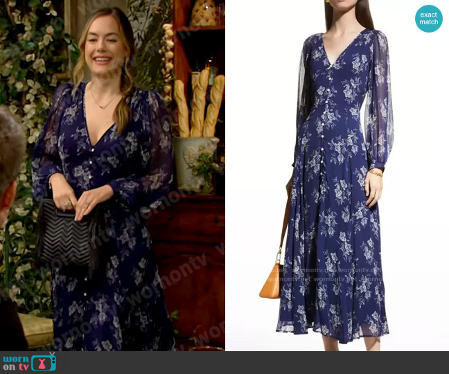 Polo Ralph Lauren Floral-Print Chiffon Blouson-Sleeve Dress in Blue Riviera worn by Hope Logan (Annika Noelle) on The Bold and the Beautiful