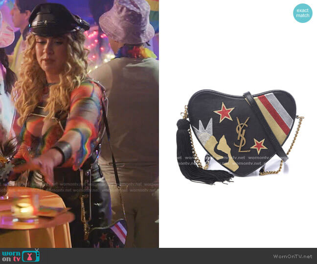 Rock Star Patchwork Monogram Heart Shoulder Bag by Saint Laurent worn by Amanda Carrington (Eliza Bennett) on Dynasty