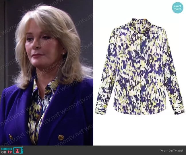 Scottie Autumn Haze Silk Blouse in Ink Multi by Lafayette 148 NY worn by Marlena Evans (Deidre Hall) on Days of our Lives