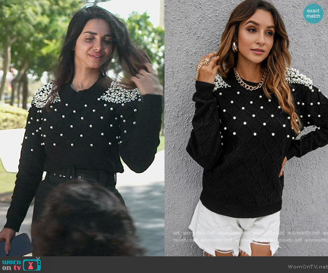 Solid Pearl Rib-Knit Sweater by Shein worn by Sara Al Madani (Sara Al Madani) on The Real Housewives of Dubai