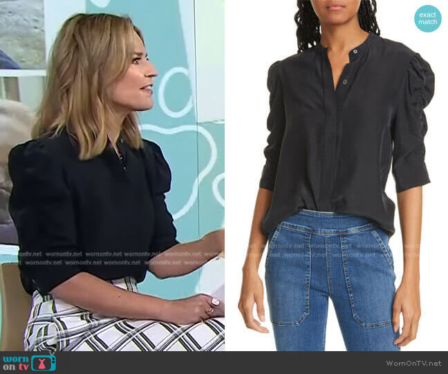 WornOnTV: Savannah’s black puff sleeve blouse and white check skirt on ...