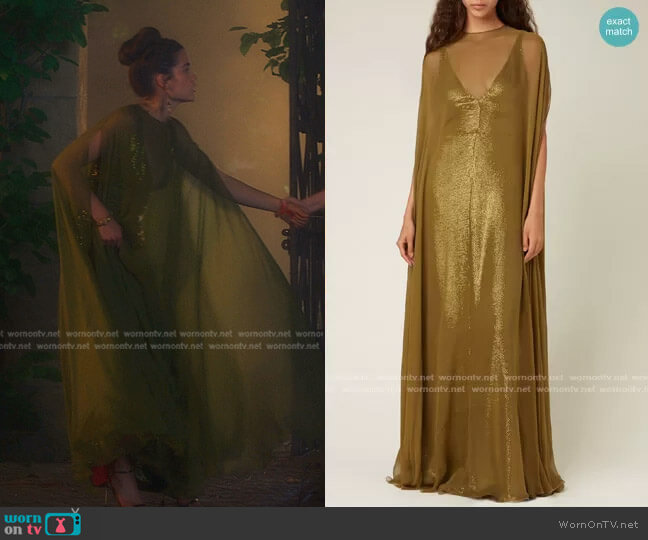 Silk-Overlay Metallic Cape Gown by Valentino worn by Juliette Fairmont (Sarah Catherine Hook) on First Kill