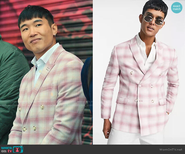 Topman Skinny Fit Double Breasted Suit Jacket in Pink Check  worn by Nicholas (Joel Kim Booster) on Loot
