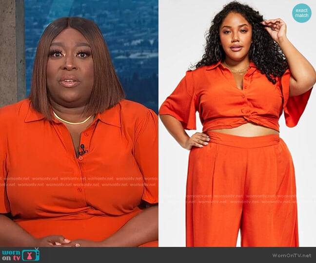 Trendy Plus Size Cropped Knot-Front Top by Nina Parker worn by Loni Love on E! News