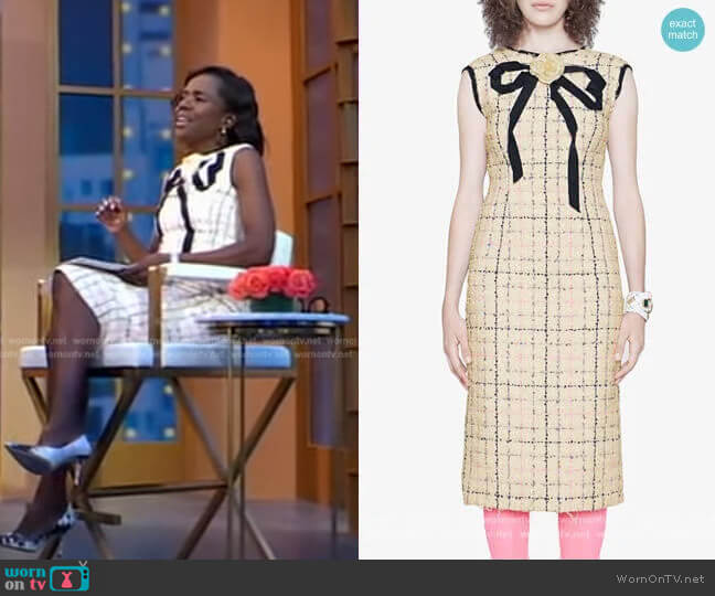 Tweed sheath dress with bow by Gucci worn by Deborah Roberts on Good Morning America
