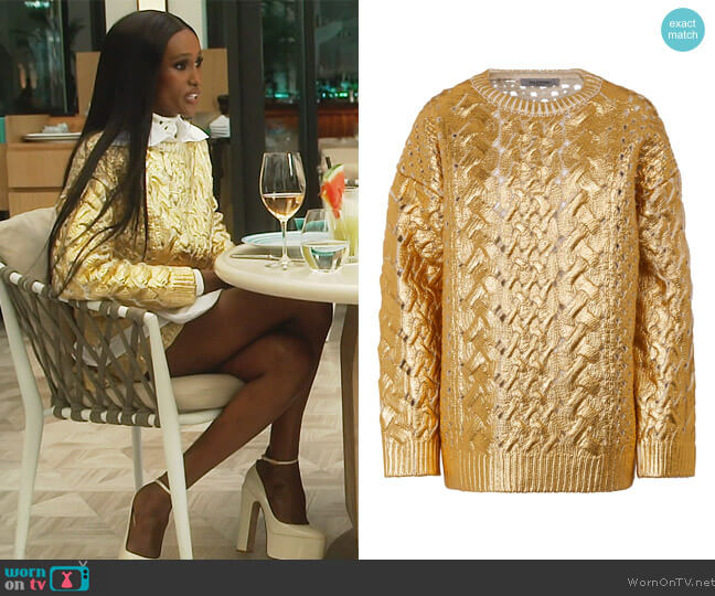 Metallic coated cable-knit wool sweater by Valentino worn by Chanel Ayan (Chanel Ayan) on The Real Housewives of Dubai