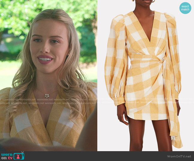 Sutherland Gingham Wrap Mini Dress by Acler worn by Elinor (Gracie Dzienny) on First Kill