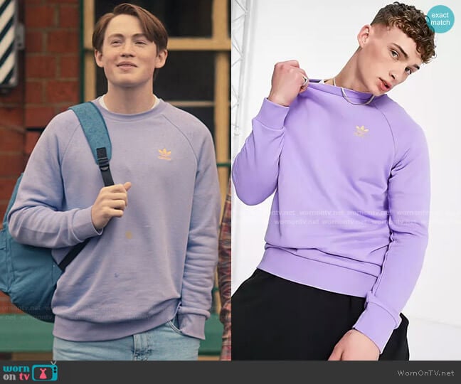 Adidas Essentials Sweatshirt in Purple worn by Nick Nelson (Kit Connor) on Heartstopper