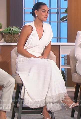 Adria Arjona’s white sleeveless dress with fringe on The Talk
