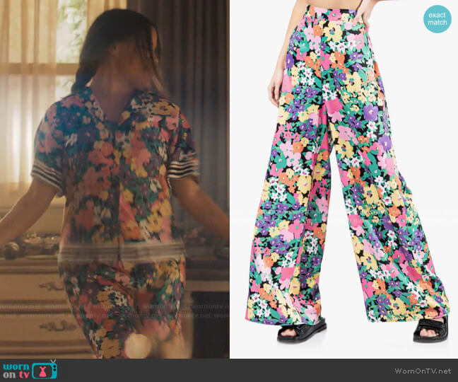 AFRM Vio Satin Wide Leg Pants in Neon Garden worn by Maggie Vera (Sarah Jeffery) on Charmed