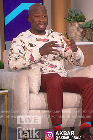 Akbar’s white car printed sweatshirt on The Talk