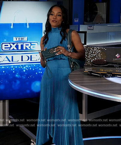 Rachel’s blue metallic pleated dress on Extra