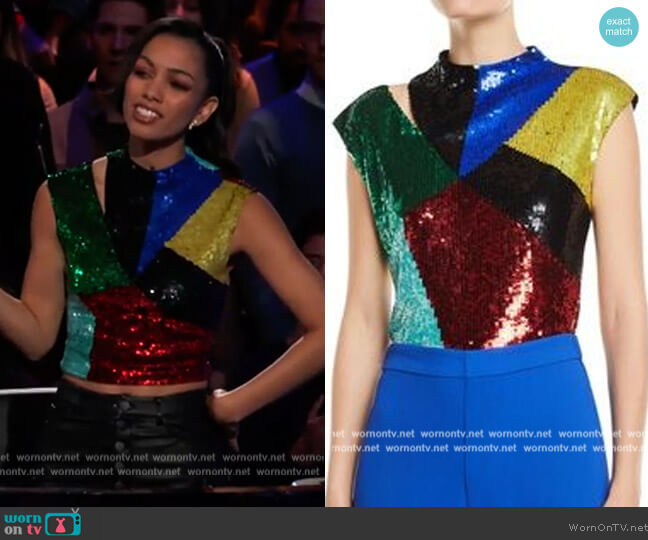 Cutout Sequin Top by Alice + Olivia worn by Corinne Foxx on Beat Shazam