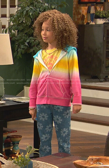 Alice's tie dye hoodie and floral print jeans on Ravens Home