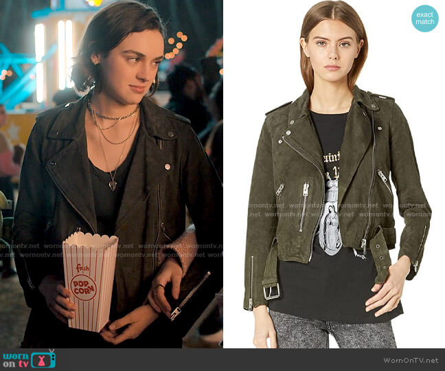Lucy’s green suede moto jacket on Love Victor