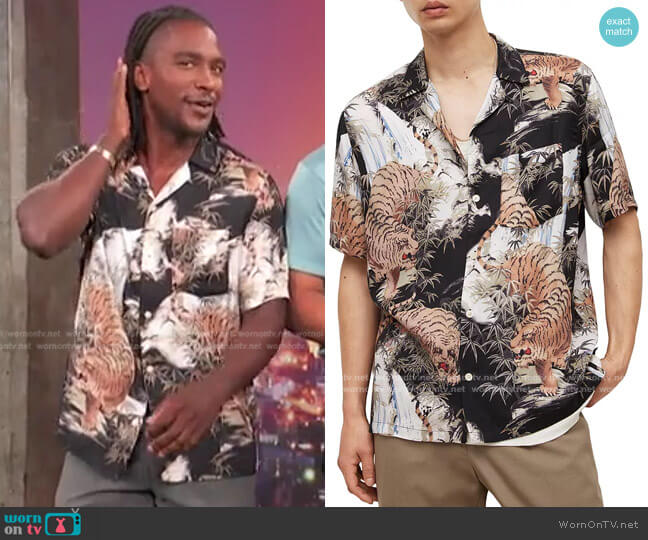 Sumerian Printed Regular Fit Button Down Camp Shirt by All Saints worn by Scott Evans  on Access Hollywood