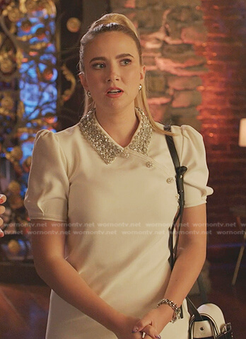 Amanda's white embellished collar dress on Dynasty