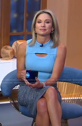 Amy’s blue cutout top and space dye skirt on Good Morning America