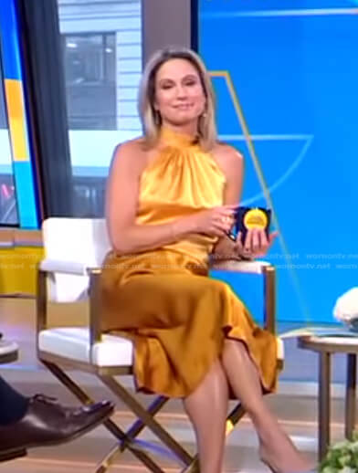 Amy’s yellow satin halter top and skirt on Good Morning America