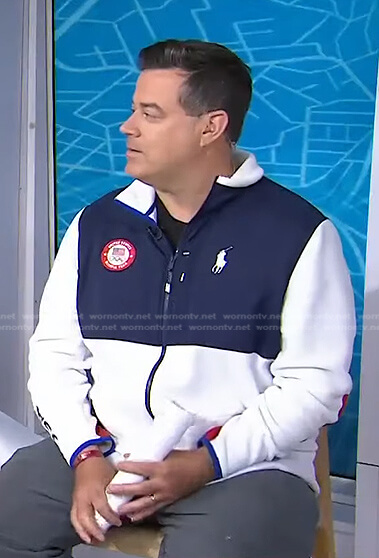 Carson Daly’s white colorblock fleece jacket on Today