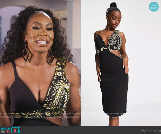 Embellished deep plunge cami strap midi dress by Starry Eyed at ASOS worn by Sanya Richards-Ross  on The Real Housewives of Atlanta