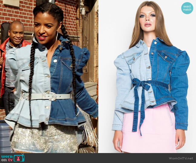 Azalea Wang Gemini Two Tone Peplum Denim Jacket worn by Wickie Roy (Renée Elise Goldsberry) on Girls5eva