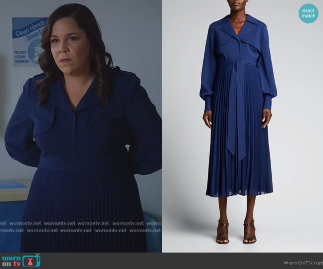 Trench Dress w/ Pleated Skirt by Badgley Mischka worn by Sara Castillo (Lindsay Mendez) on All Rise