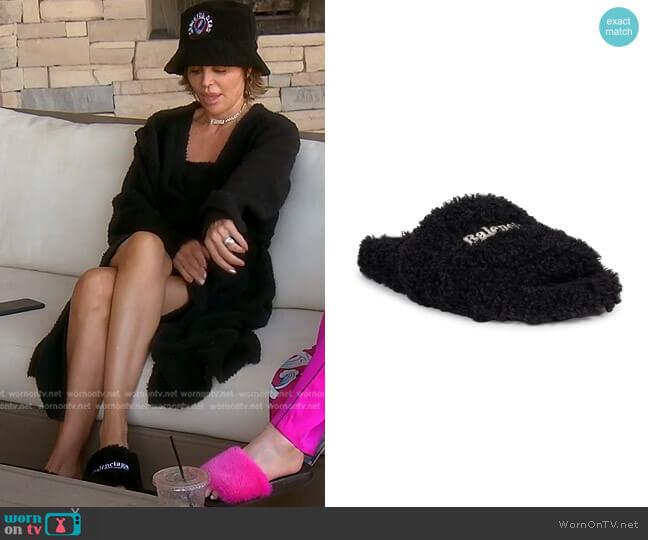 Furry Political Campaign Faux Shearling Slippers by Balenciaga worn by Lisa Rinna on The Real Housewives of Beverly Hills