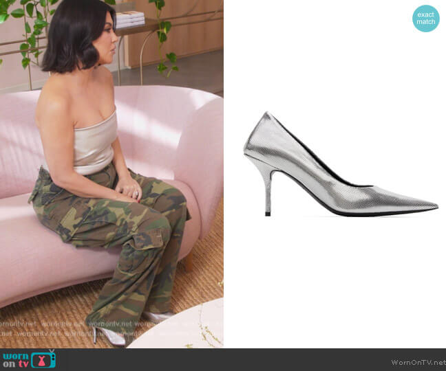 Silver Embossed Square Knife Pumps by Balenciaga worn by Kourtney Kardashian (Kourtney Kardashian) on The Kardashians