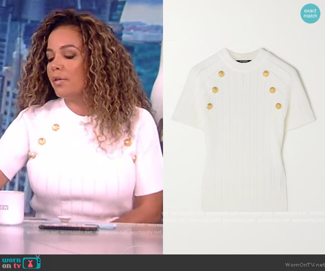 Button-embellished ribbed-knit top by Balmain worn by Sunny Hostin on The View