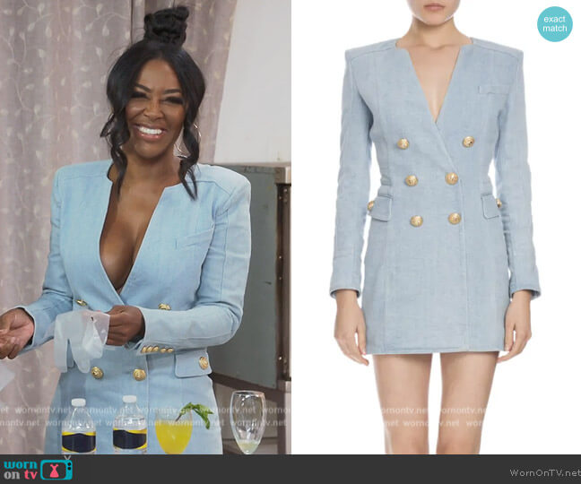 Double-Breasted Denim Mini Dress, Light Blue by Balmain worn by Kenya Moore on The Real Housewives of Atlanta