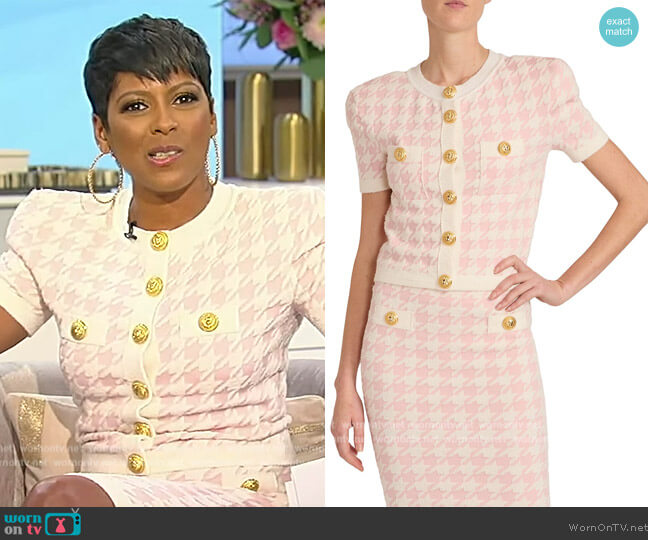 Cropped houndstooth jacquard-knit cardigan by Balmain worn by Tamron Hall  on Tamron Hall Show