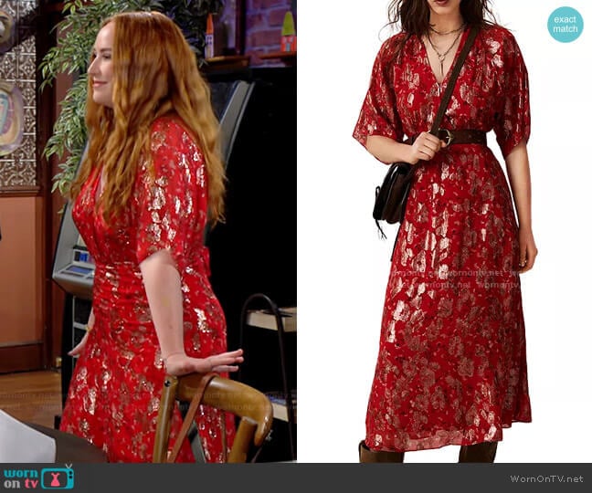 ba&sh Rouge Metallic Print Midi Dress worn by Mariah Copeland (Camryn Grimes) on The Young and the Restless
