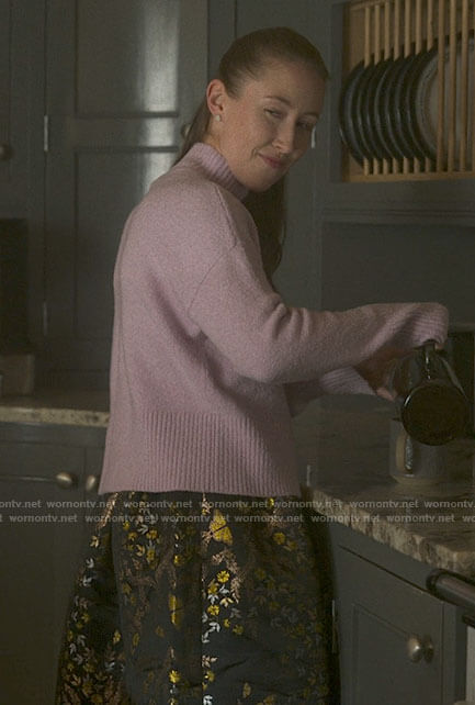 Becky’s lilac sweater and butterfly print skirt on Chloe