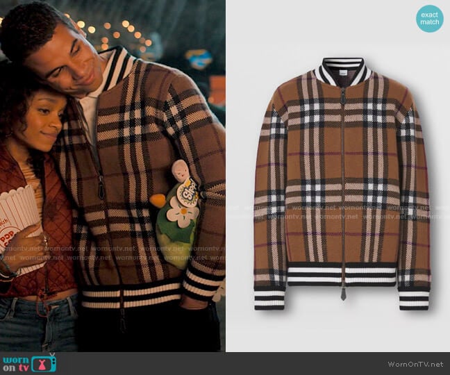 Burberry Kennard  Check-print Cashmere Bomber Jacket worn by Andrew Spencer (Mason Gooding) on Love Victor