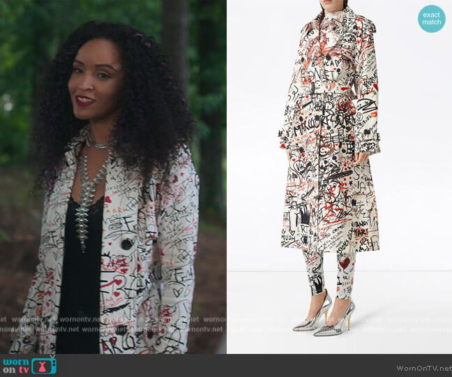 Leather Graffiti Print Trench Coat by Burberry worn by Walnette Marie Santiago on First Kill