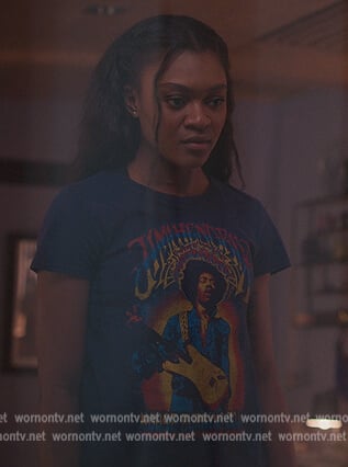 Cal’s blue Jimy Hendrix graphic tee on First Kill