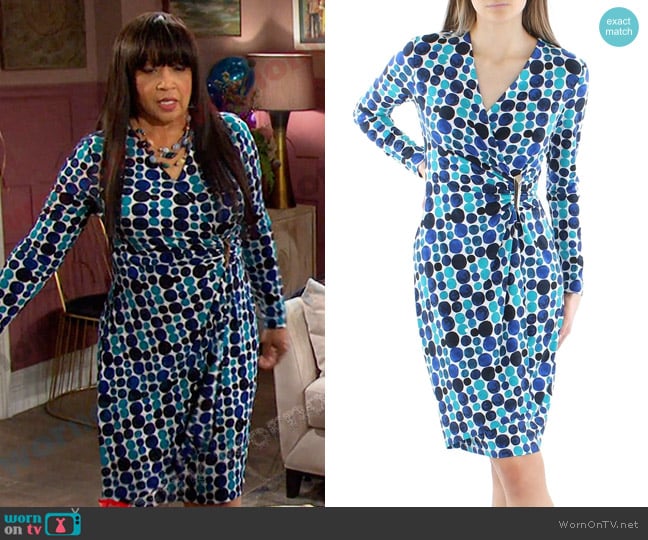 Calvin Klein Knit Polka Dot Sheath Dress in Lagoon worn by Paulina Price (Jackée Harry) on Days of our Lives