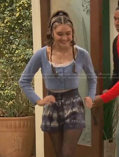 Cami's blue cropped sweater and tie dye shorts on Ravens Home