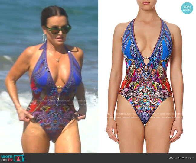 Runaway Royal Psychedelica Printed Plunge One-Piece Swimsuit by Camilla worn by Kyle Richards on The Real Housewives of Beverly Hills