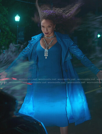 Carmen's blue ribbed dress and leather trench coat on First Kill