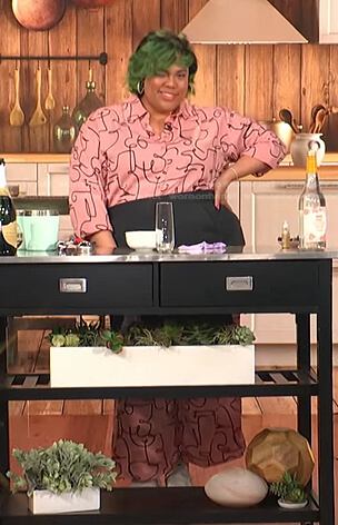 Chef Lovely's pink printed shirt and pants on E! News Daily Pop