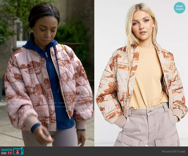Collusion Quilted Bomber Jacket with Photographic Print worn by Livia Fulton (Pippa Bennett-Warner) on Chloe