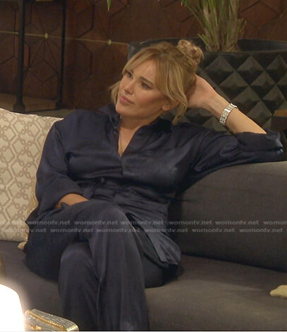 Diana's navy printed satin blouse and pants on The Real Housewives of Beverly Hills