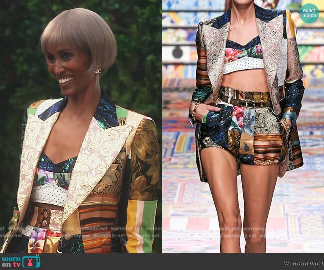 Printed Jacquard Bustier Crop Top, Blazer and Shorts by Dolce & Gabbana worn by Chanel Ayan (Chanel Ayan) on The Real Housewives of Dubai